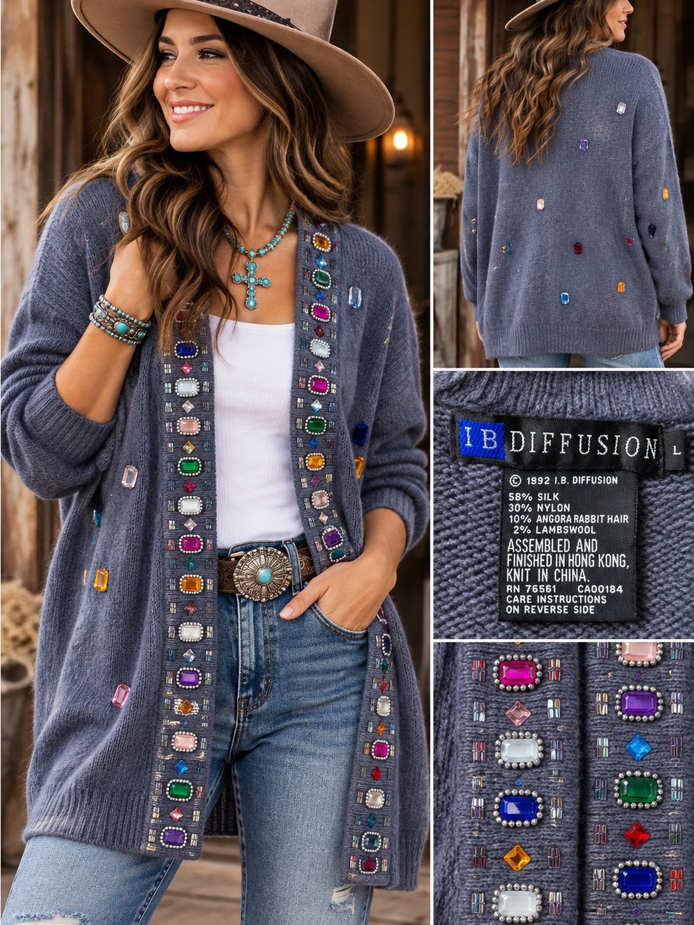Vintage 1992 IB Diffusion Silk Blend Jeweled Cardigan Sweater L